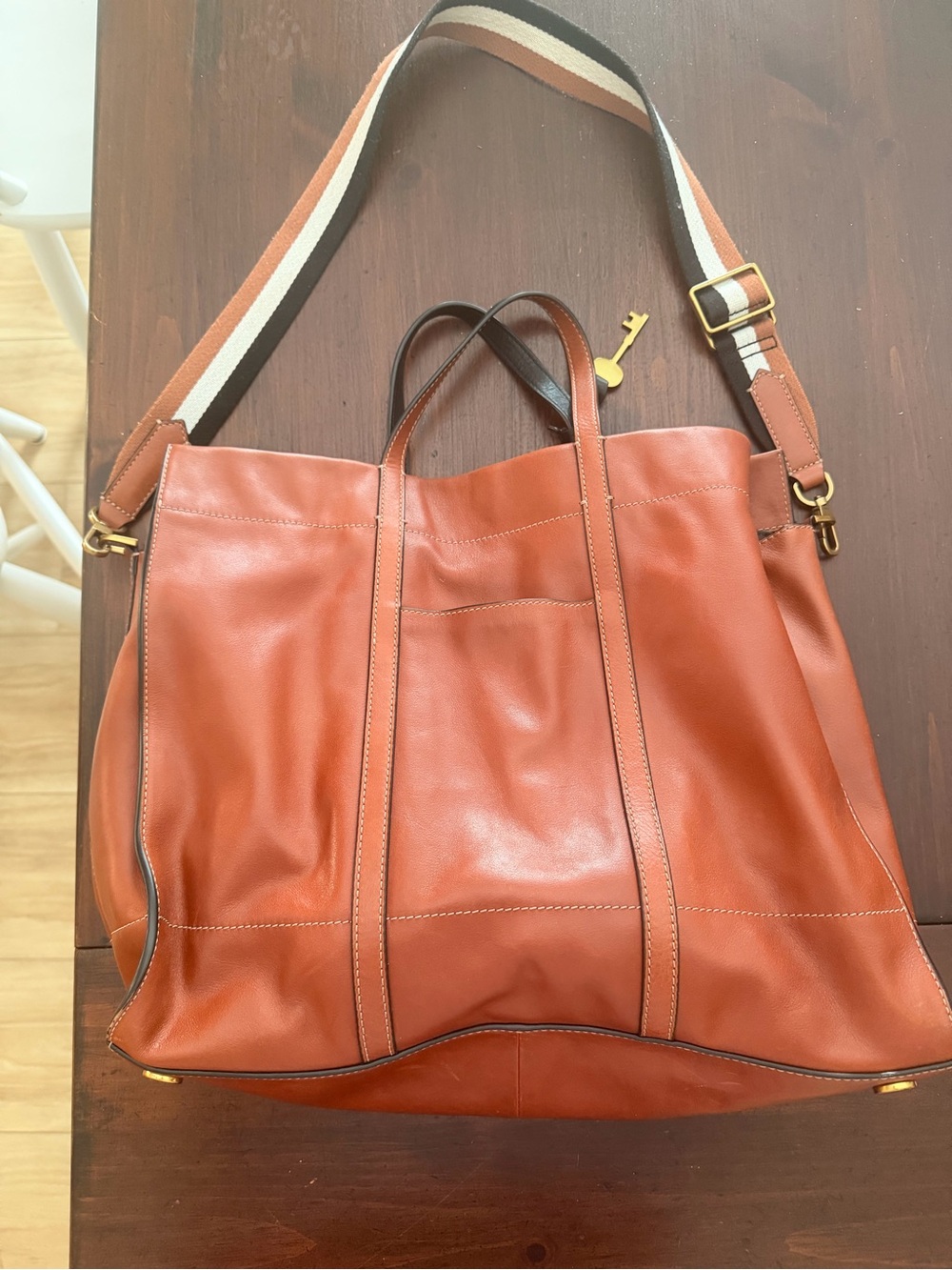 Fossil Tan Leather Tote with Striped Strap - Picture 2 of 4